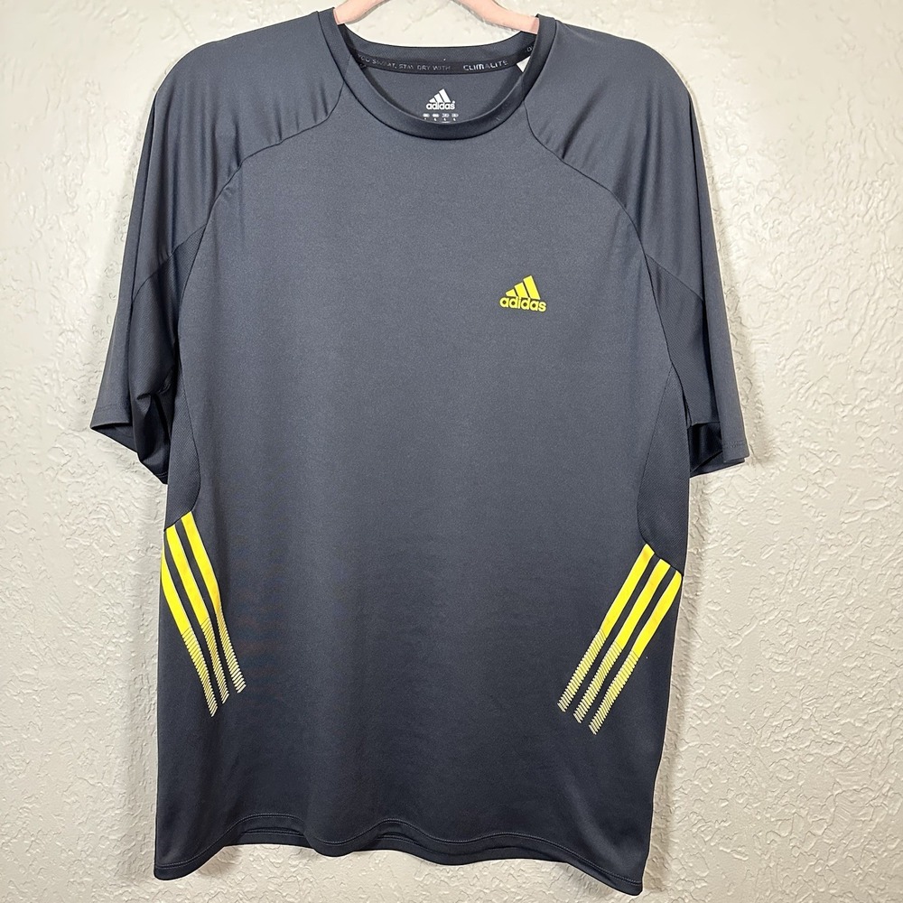 Adidas Shirt Mens Large Gray Yellow Striped Climalite Response Performance